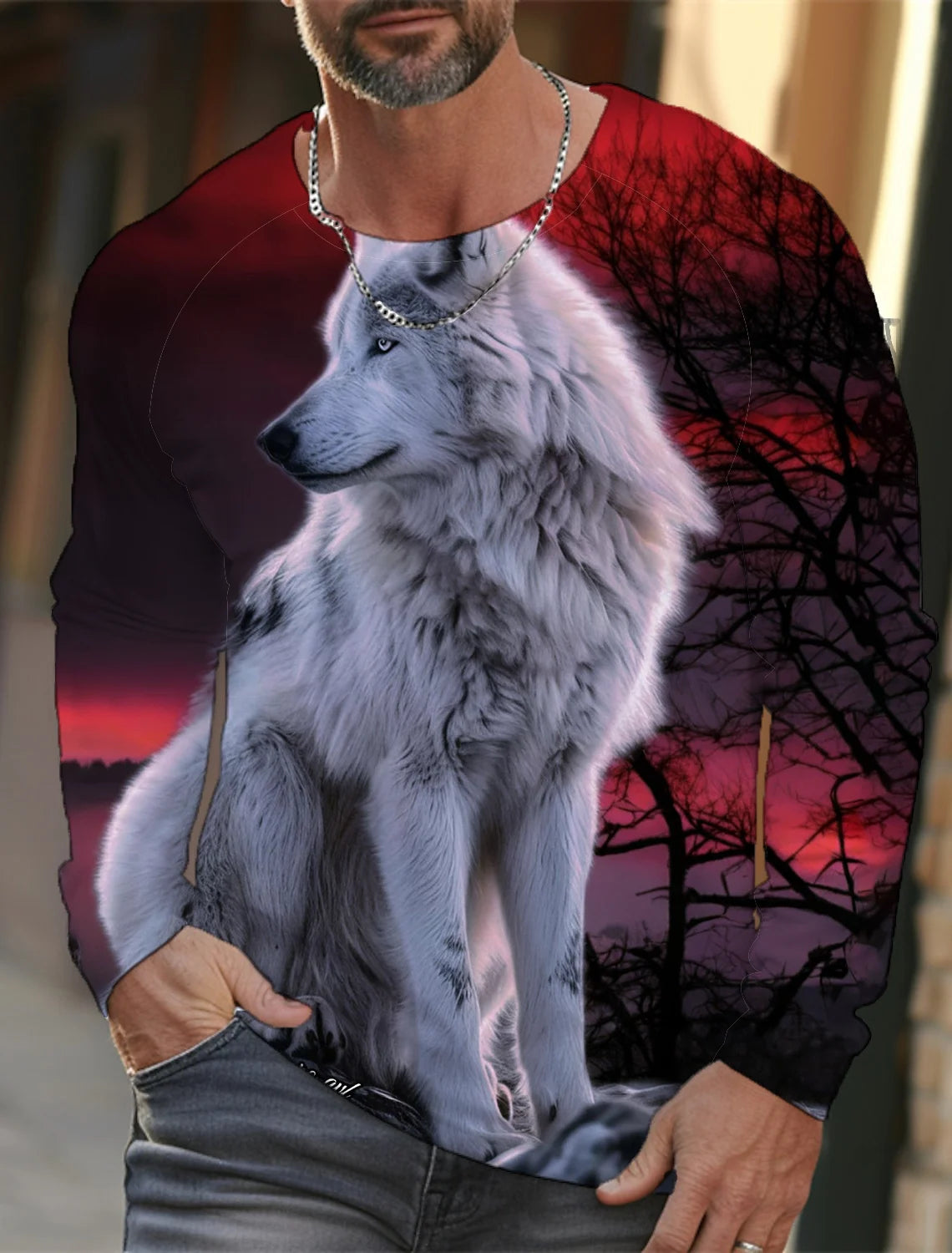 2024 Men's Summer Long Sleeve 3d Printed Wolf Print T-Shirt Tops Men Streetwear Clothing Round Neck Graphic Long Sleeve T-Shirt