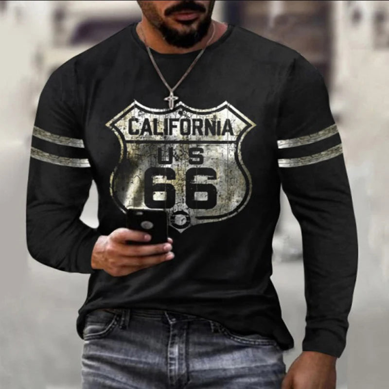 2024 Men's T-shirts Long Sleeve 3d Print Top Casual Cotton Vintage T Shirt Vintage Route 66 Tee Loose Sports O-neck Clothing 5xl