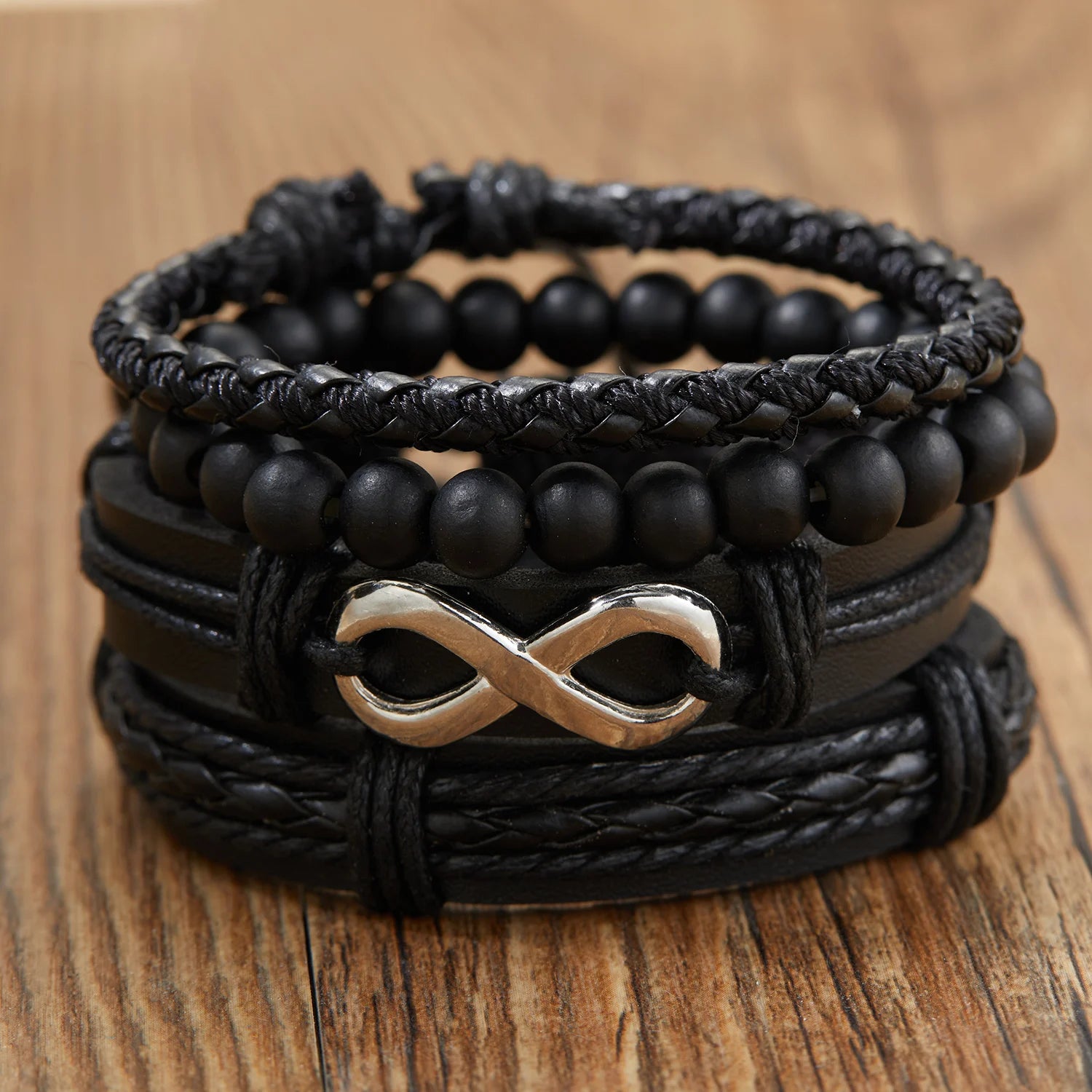 4Pcs/Set Braided Wrap Leather Bracelet for Men Women Vintage Yin Yang Infinity Wood Beads Charm Bracelets Male Wristband Jewelry