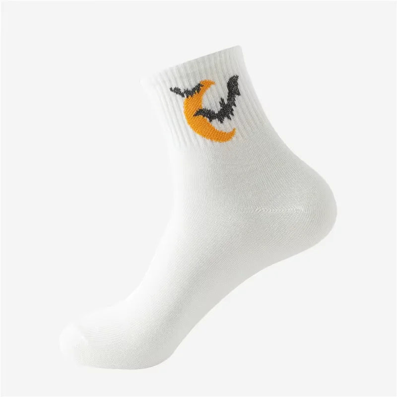 5-Pair Halloween Novelty Socks for Men: Spooky Designs, Breathable Cotton, Mid-Calf, Party Favors