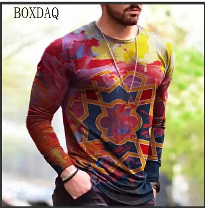 Long Sleeve Vintage Style Men's T-shirts Spring Autumn 3D Print Street Oversized Tops 6XL Plus Size Loose Casual Round-Neck Tee