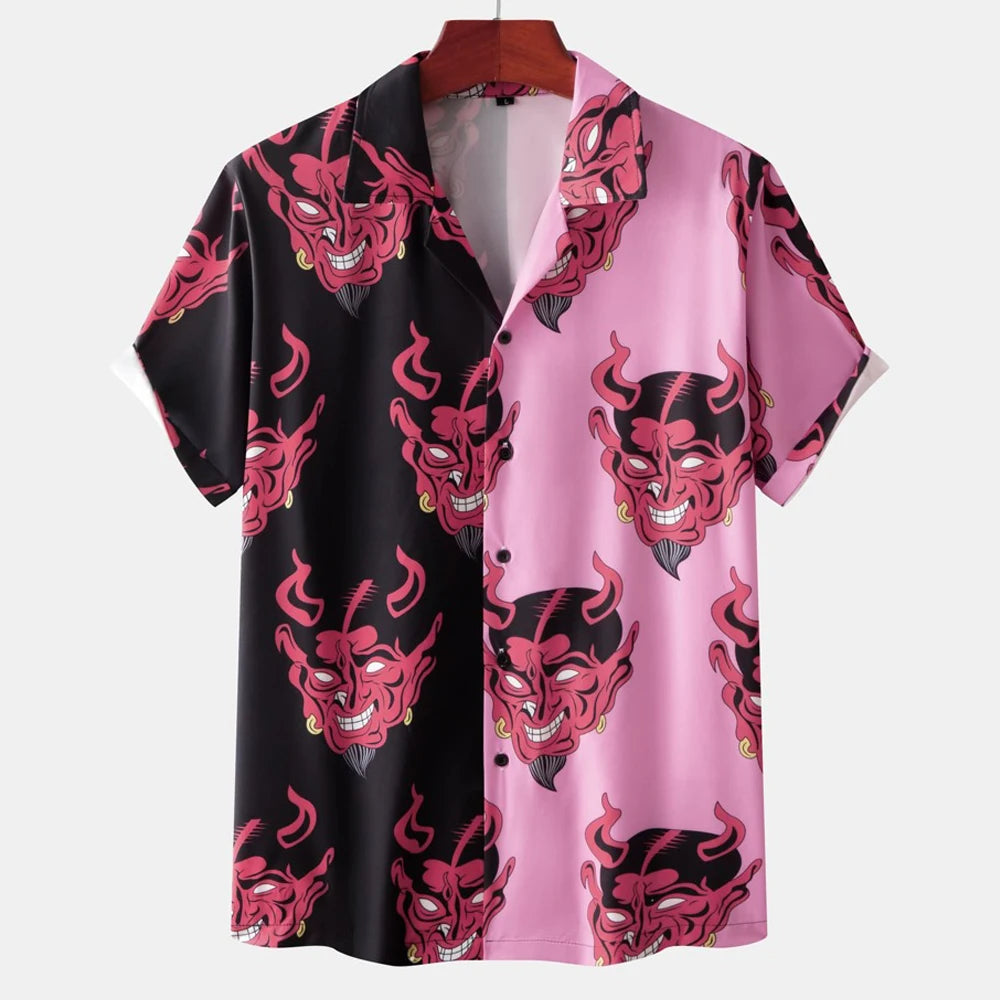 Summer Mens Hawaiian Casual Collar Shirts Short Sleeve Button Skeleton Demon Print Beach Floral Fashion Vintage Clothing XS-5XL