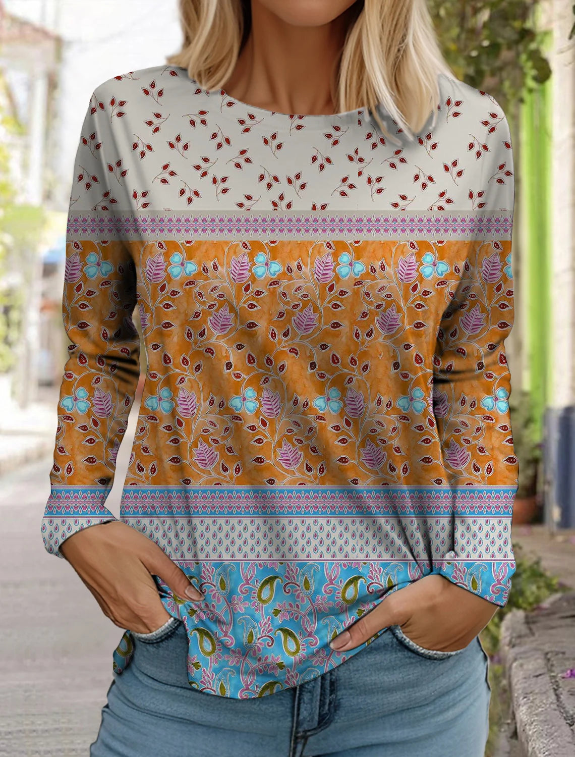 Women's white long-sleeved tops round neck casual tops 3d printed flowers fashion stickers printed women's long-sleeved T-shirt