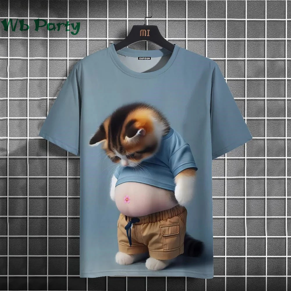 Cat Print T-shirts for Men Casual Short Sleeved Tee Oversized Mens Clothing Men's Funny T-shirt Animal Print Graphic T shirts