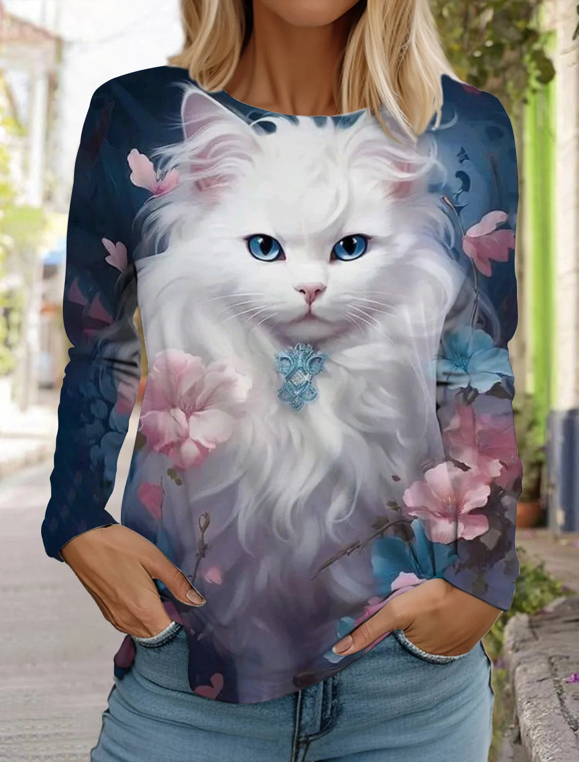 2024 Autumn and Winter Women's Long Sleeve 3D Printed Kitten Cute Print T-Shirt Women's Streetwear Round Neck Long Sleeve