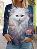 2024 Autumn and Winter Women's Long Sleeve 3D Printed Kitten Cute Print T-Shirt Women's Streetwear Round Neck Long Sleeve