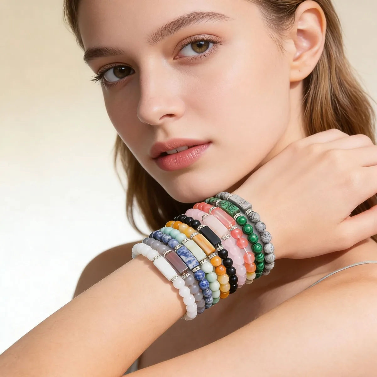 Natural Stone Bracelet: Featuring Rectangular Rose Quartz Plaques, Round Beads, Agate, Obsidian, and Raw Amazonite