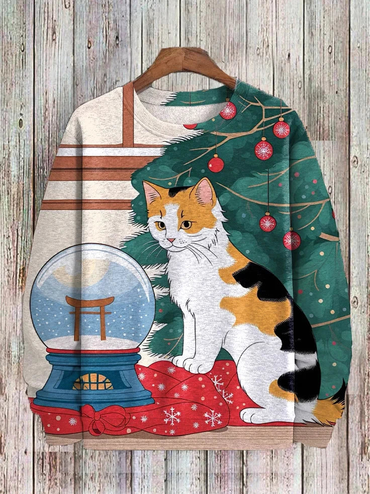 Men's Winter Skiing Animal Kitten Printed Casual Sweatshirt Fashion Round Neck Pullover Sweatshirt Polyester Fabric 2025 New