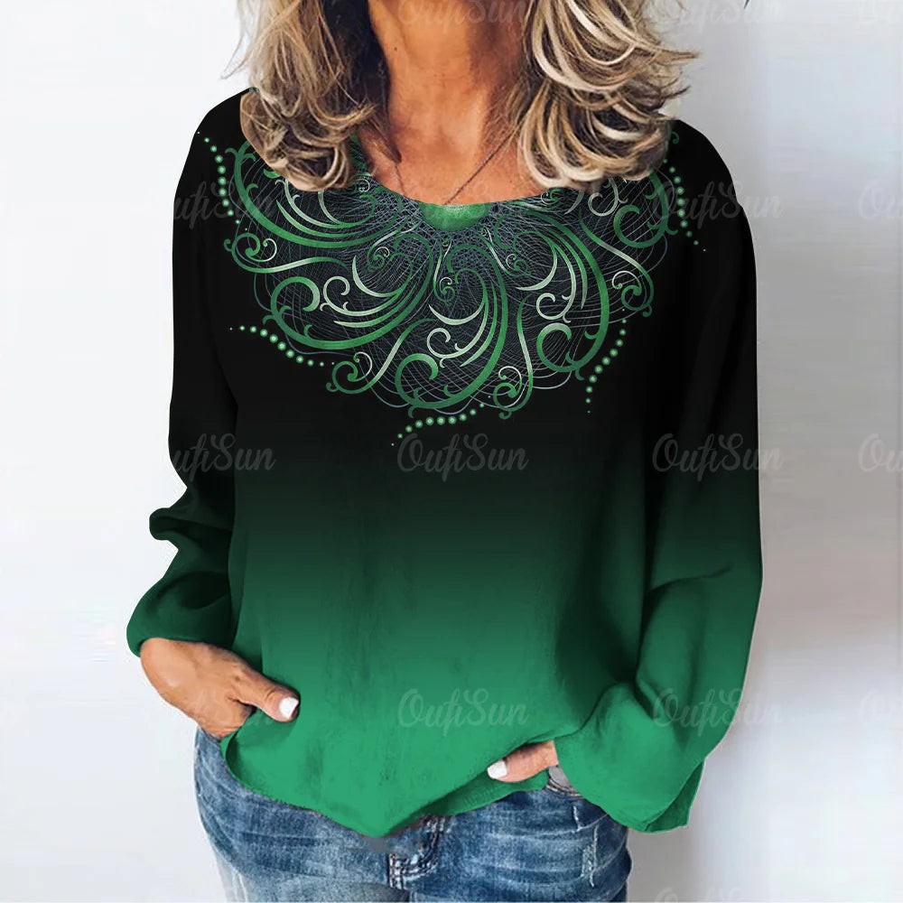 Women's Retro Geometric Pattern Long Sleeve T-Shirt Ladies Top Loose Casual Pullover Gradient Ladies Round Neck Long Sleeve