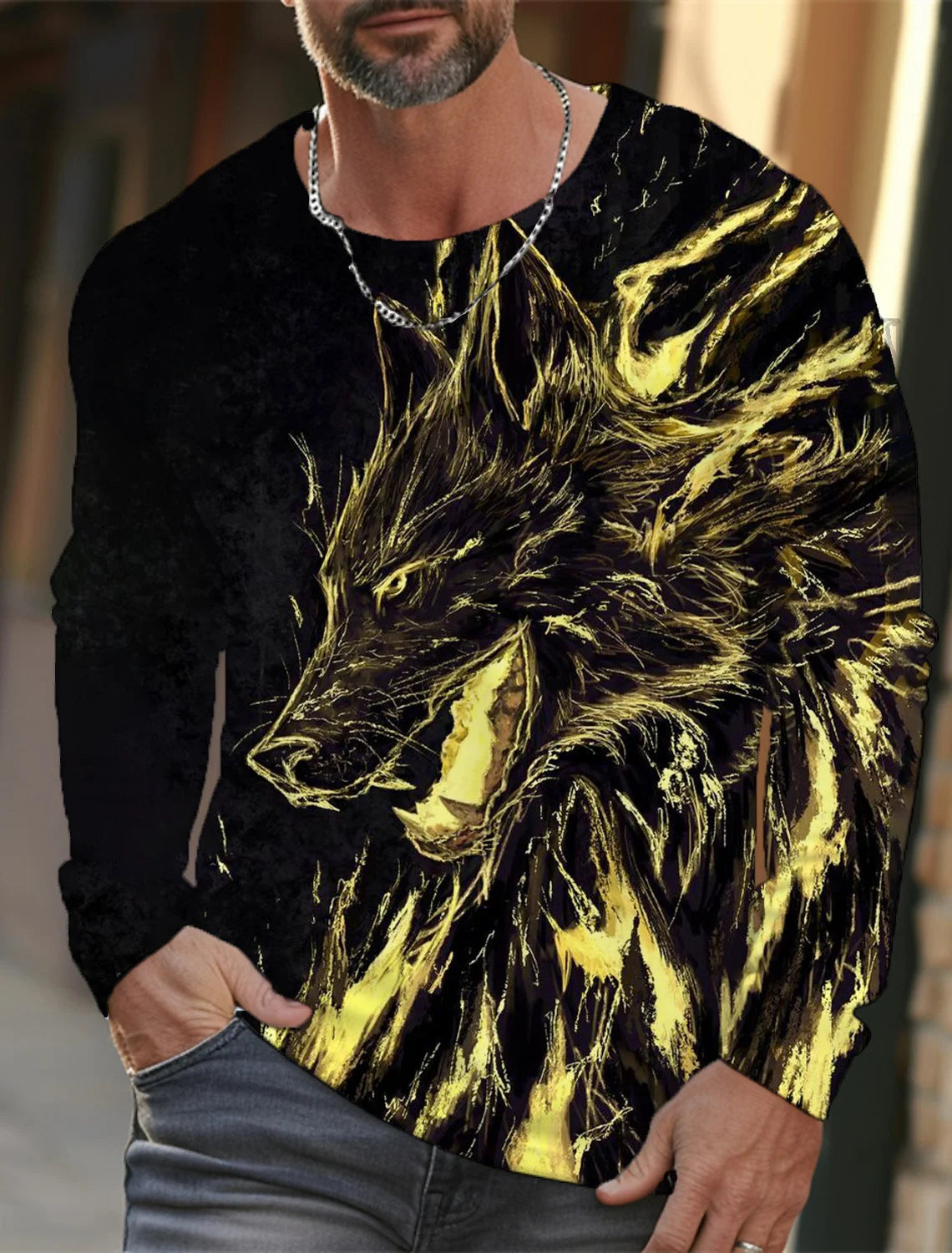 Men's long sleeve t-shirt 3d print high definition wolf animal hand-painted print men's autumn top casual round neck t-shirt
