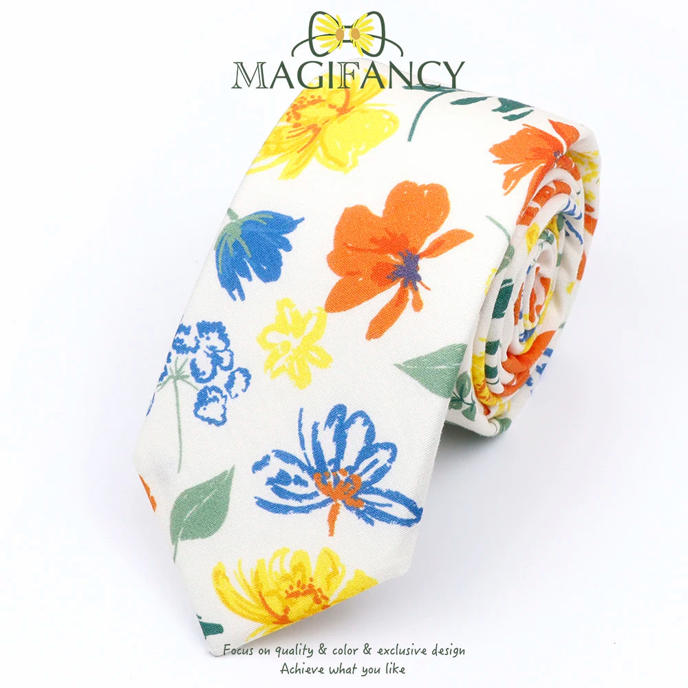 Top Hot Print Floral 6.5cm Necktie 100% Cotton Elegant Beige Sage Pink Men Wedding Party Daily Suit Shirt Cravat Gift Accessory