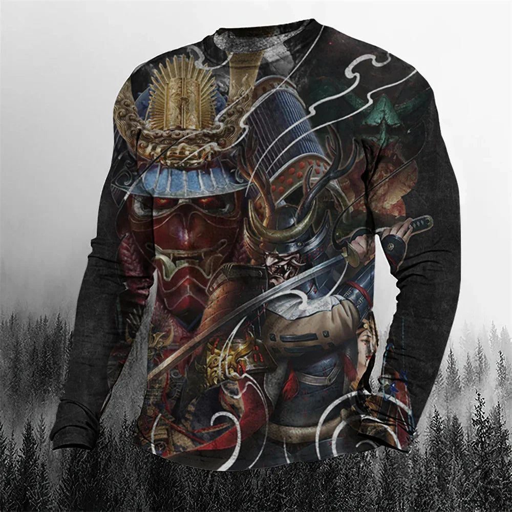 2024 Fall Cool Vintage Samurai 3D Printed Men's T-shirt O-Neck Casual Men's Clothing Oversized Cartoon Long Sleeve Tops