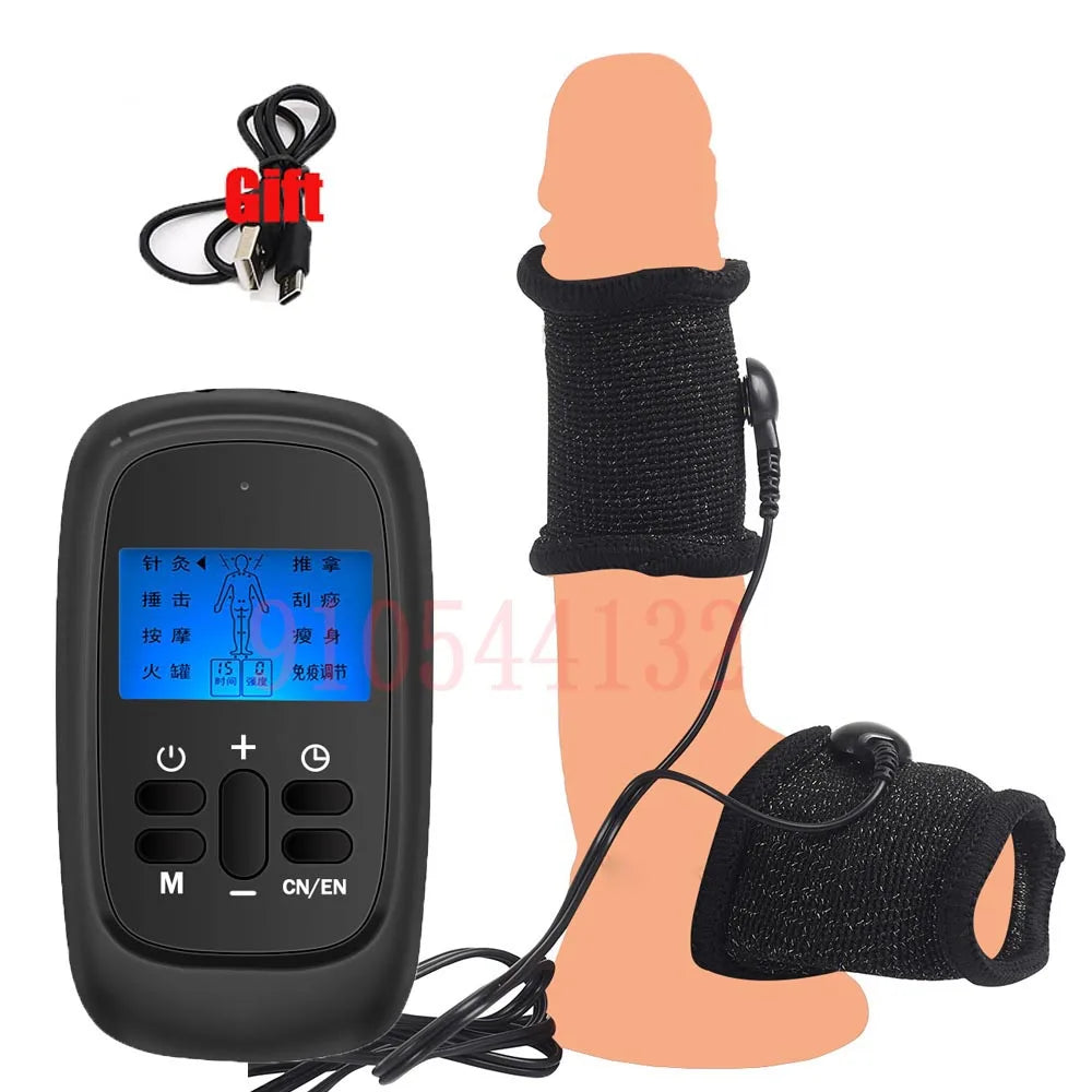BDSM Electro Shock Conductive Fiber Penis Sleeve E-stim Scrotum Rings Electric Play Cock Therapy Enlargement Male Sex Products
