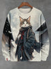 Men's Winter Skiing Animal Kitten Printed Casual Sweatshirt Fashion Round Neck Pullover Sweatshirt Polyester Fabric 2025 New