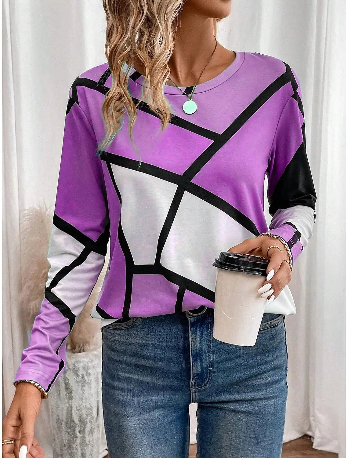 Gradient Stripe Printed Pullover Autumn and Winter Casual Long Sleeve Round Neck Sweatshirt Plaid Pattern Women's Clothing