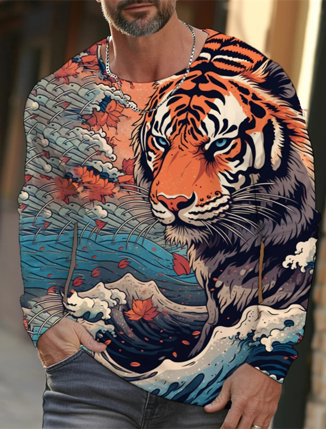 2024 new men's Ukiyoe long-sleeved T-shirt 3D printed high-definition tiger print men's autumn tops casual round neck T-shirt