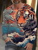 2024 new men's Ukiyoe long-sleeved T-shirt 3D printed high-definition tiger print men's autumn tops casual round neck T-shirt