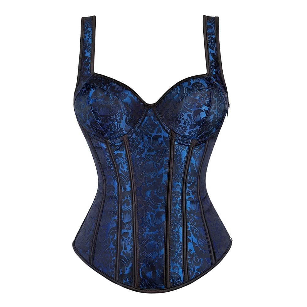 Steampunk Straps Overbust Corset With Cup Zipper Sexy Jacquard Floral Corset Waist Cincher Bustier Lingerie Top Plus Size