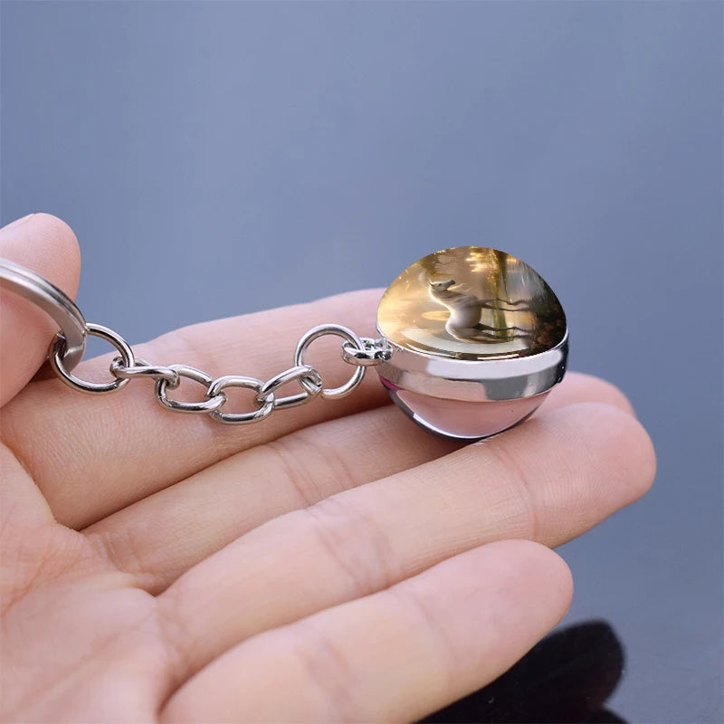 Horse Pattern Keychains White Brown Horse Racing Double Sided Glass Ball Pendant Key Chain Fashion Animal Jewelry Keyring Gift
