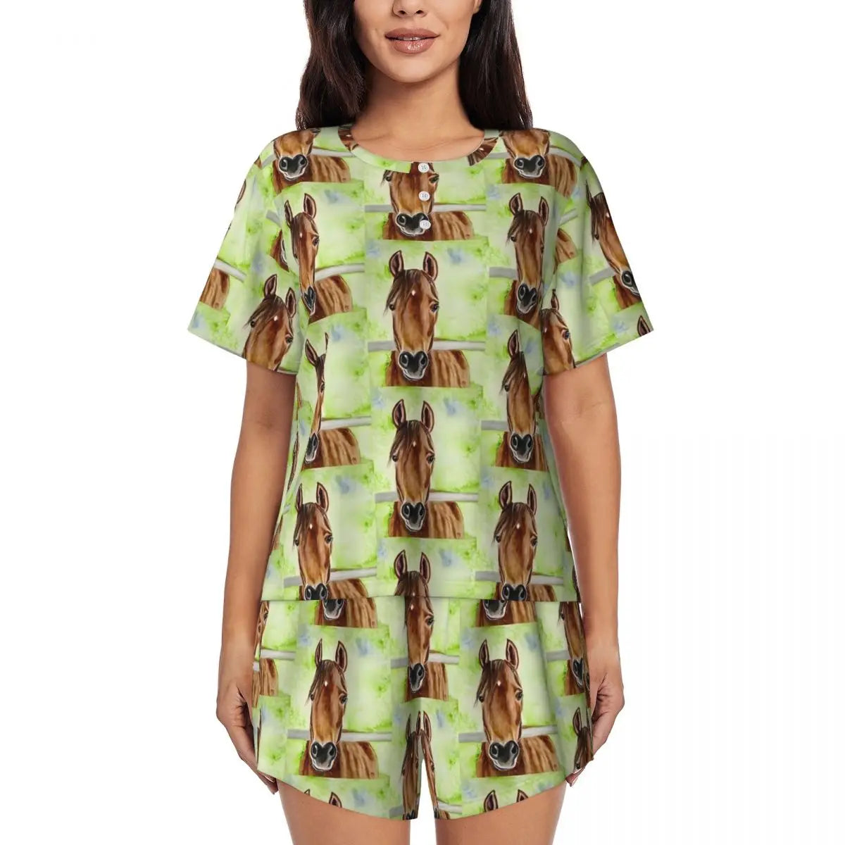 Horse Race Pajamas Summer 2 Pieces 1930s Classic Art Cute Pajama Sets Womens Short-Sleeve O Neck Night Pattern Sleepwear