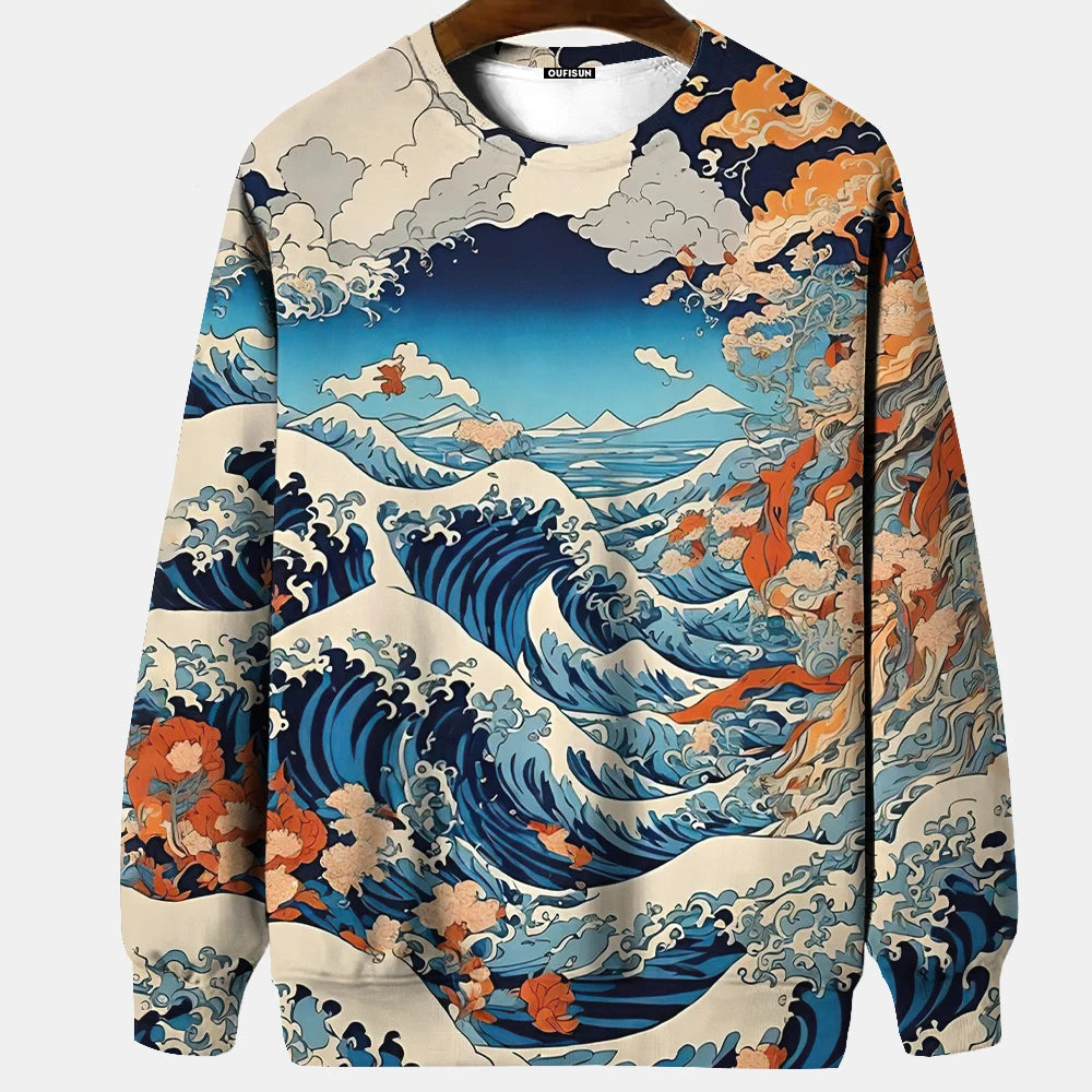 Japanese Ukiyo-e Hoodied Men's Sweatshirts Pullover Sea Wave Ramen Graphic Print Long Sleeves Hoodies Oversized Men Clothing Top