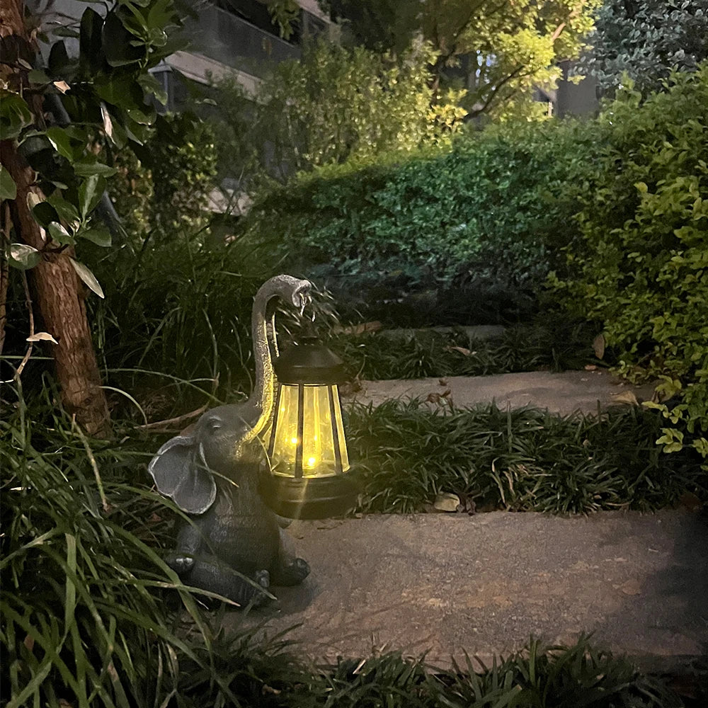 1 PC Elephant Solar Garden Statues, Resin Elephant Figurine Decorations with Solar Lights Lantern, Outdoor Elephant Decor Art fo