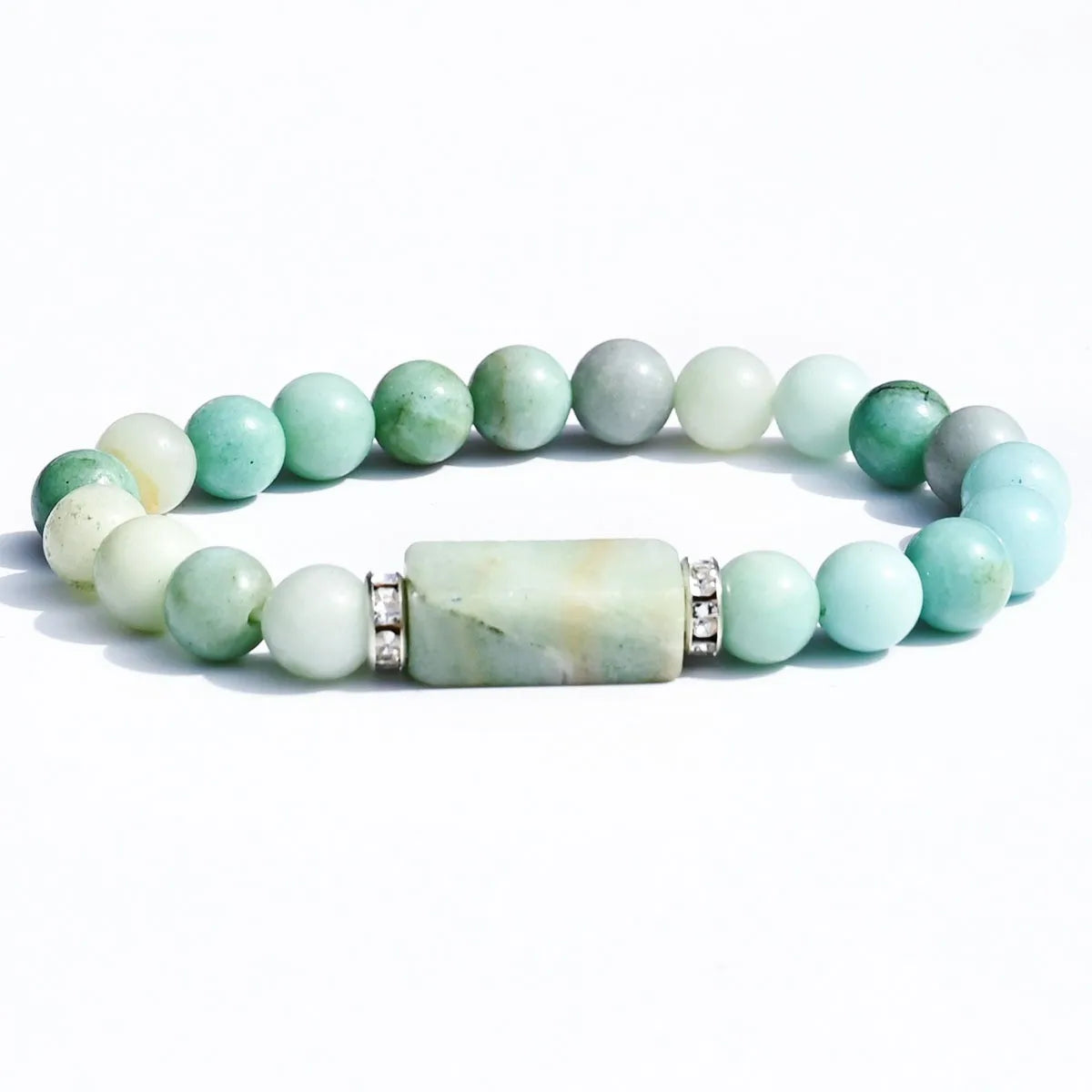 Natural Stone Bracelet: Featuring Rectangular Rose Quartz Plaques, Round Beads, Agate, Obsidian, and Raw Amazonite