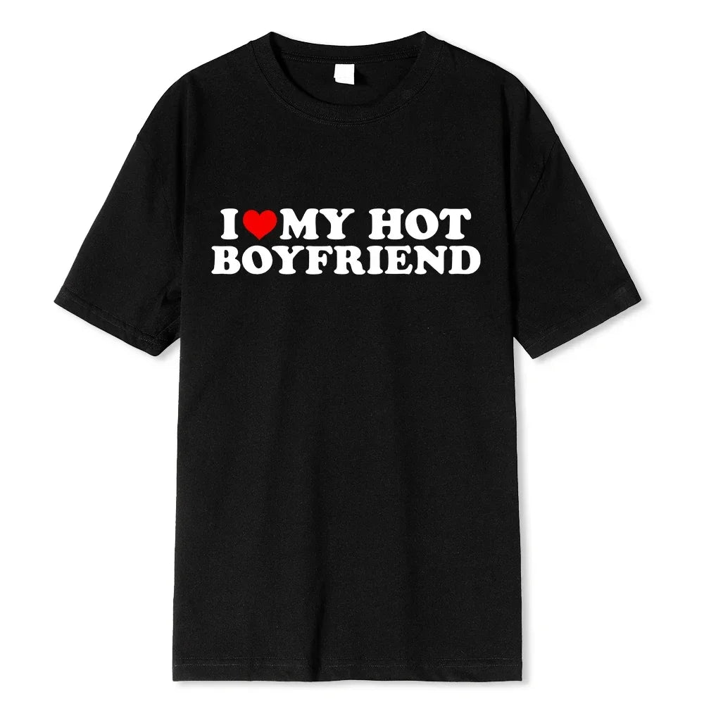 Vintage Funny I Love My Hot Girlfriend Boyfriend T-Shirt Couple Graphic T Shirt Men  women Boyfriends  Casual Sport