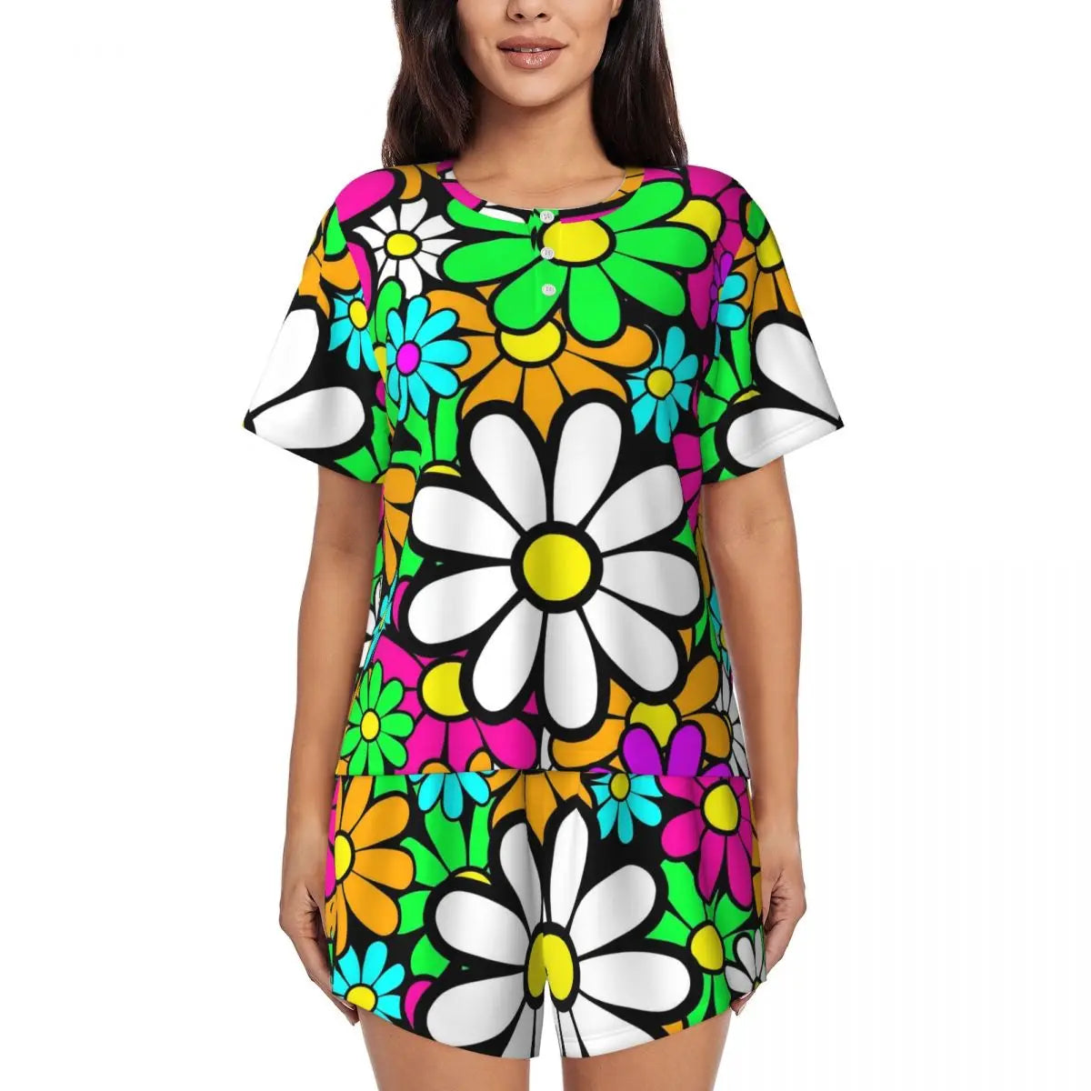Flower Power Pajamas Spring 2 Pieces Purple Hippie Cute Pajama Sets Lady Short Sleeve O Neck Casual Custom Nightwear