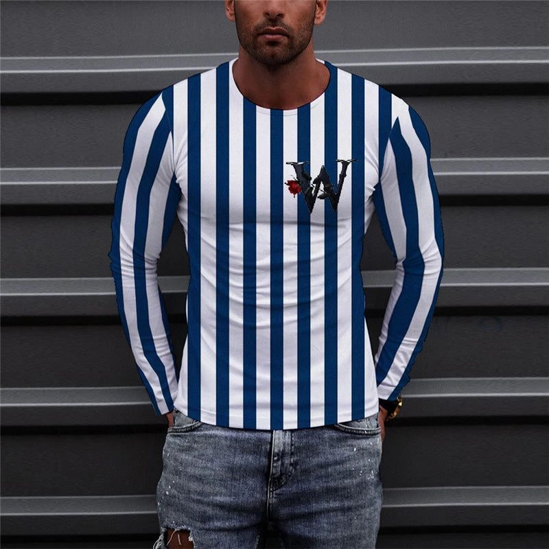 Long Sleeve Striped Men's Fashion T-Shirts Loose Casual Oversize Breathable Tops 3D Printed Letters Street Hip Hop Male Top Tee