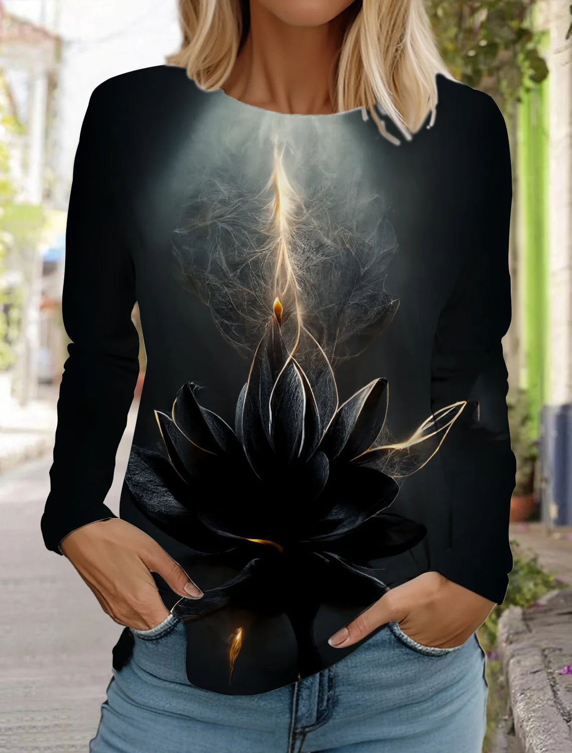 2024 women's fashion retro tops long sleeve round neck pullover casual long sleeve t-shirt new 3d printed lotus print t-shirt