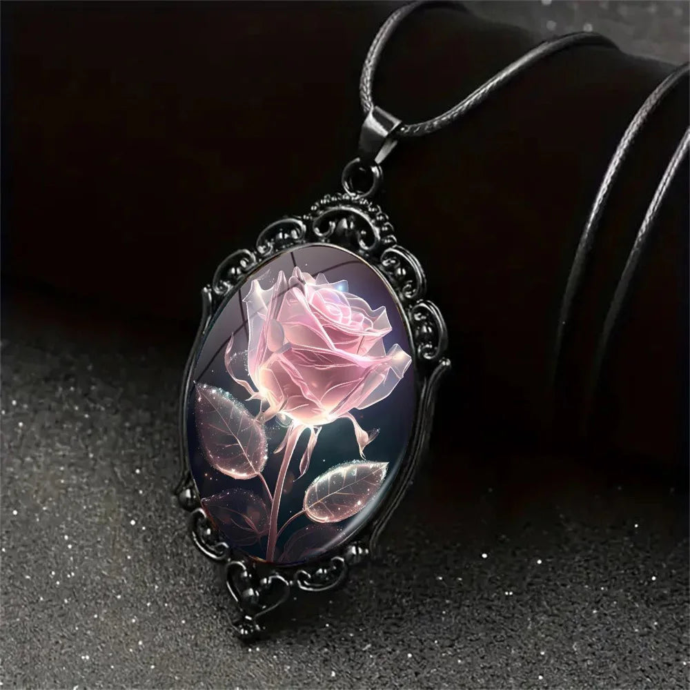 Charm Pink Flower Pendant Necklace Rose Pattern Glass Ellipse - A niche style suitable for Romantic Gifts and Special Occasions