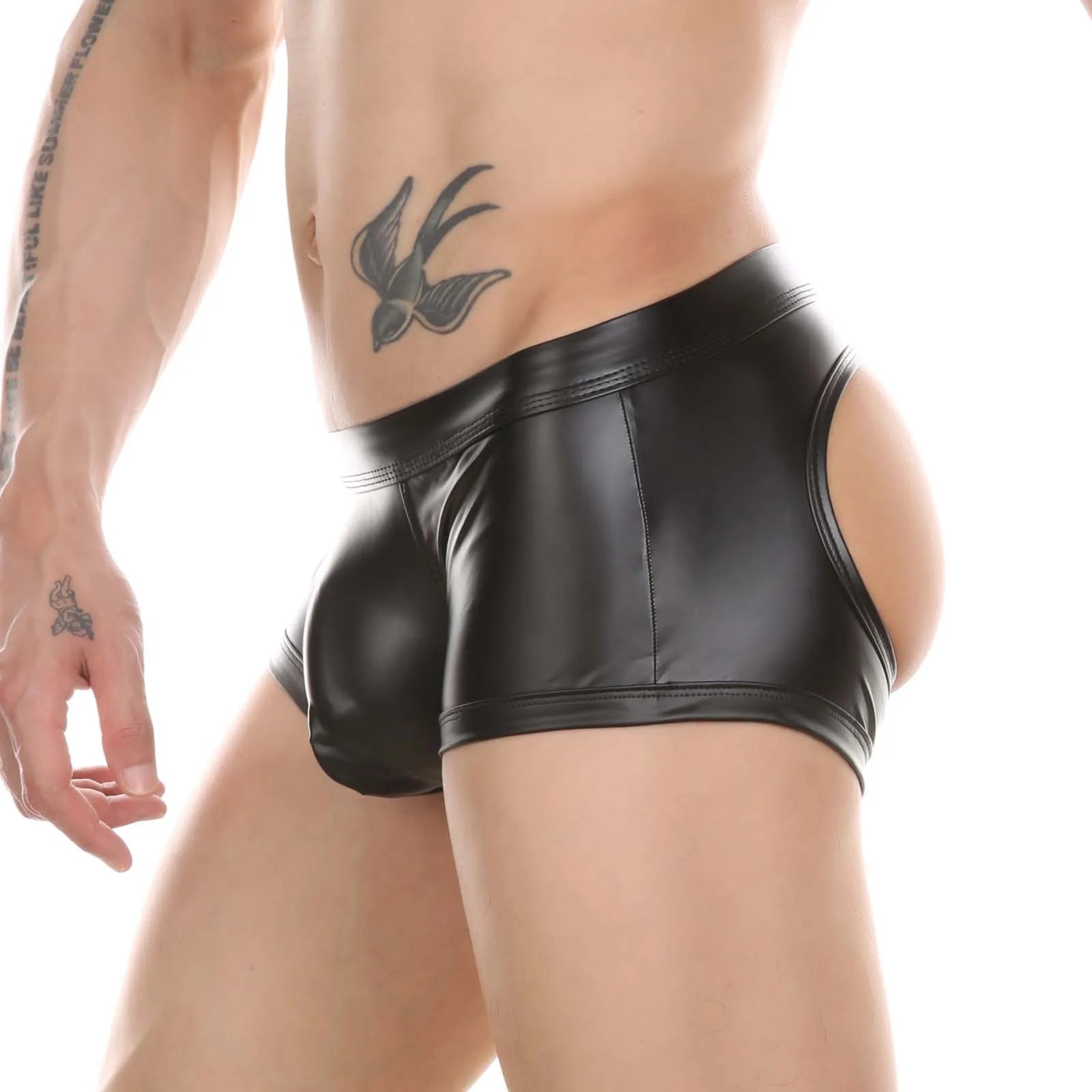 CLEVER-MENMODE Men's Boxers Faux Leather Underwear Wet Look Sexy Panties Open Butt G String Underpants Buttocks Boxershorts Club