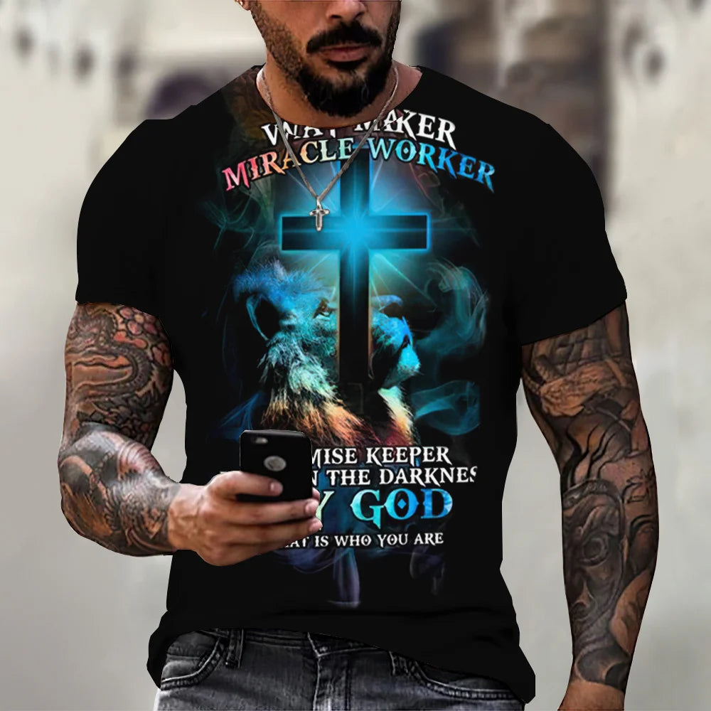 Christian Mens Clothing T Shirts Oversized T Shirt Gothic  Jesus Christ Cross 3D Print O-neck Tops Vintage Hip Hop Short Sleeve