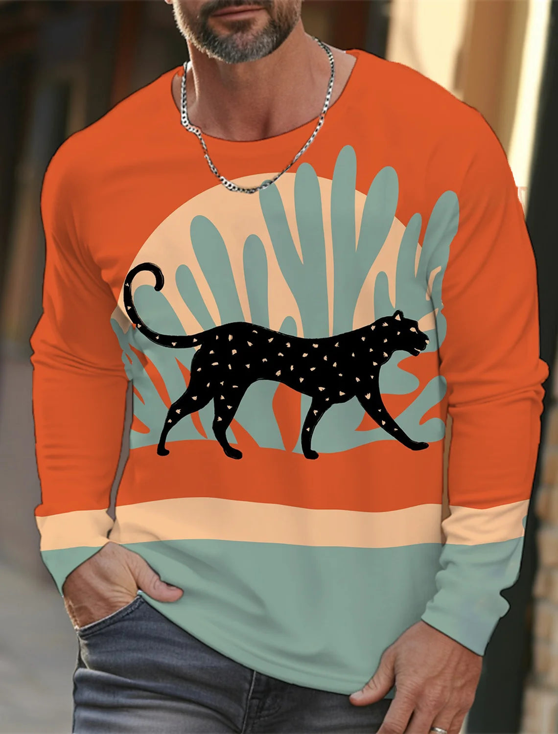 Men's long-sleeved T-shirt 3D printing HD leopard print men's long-sleeved T-shirt autumn tops casual round neck home clothes