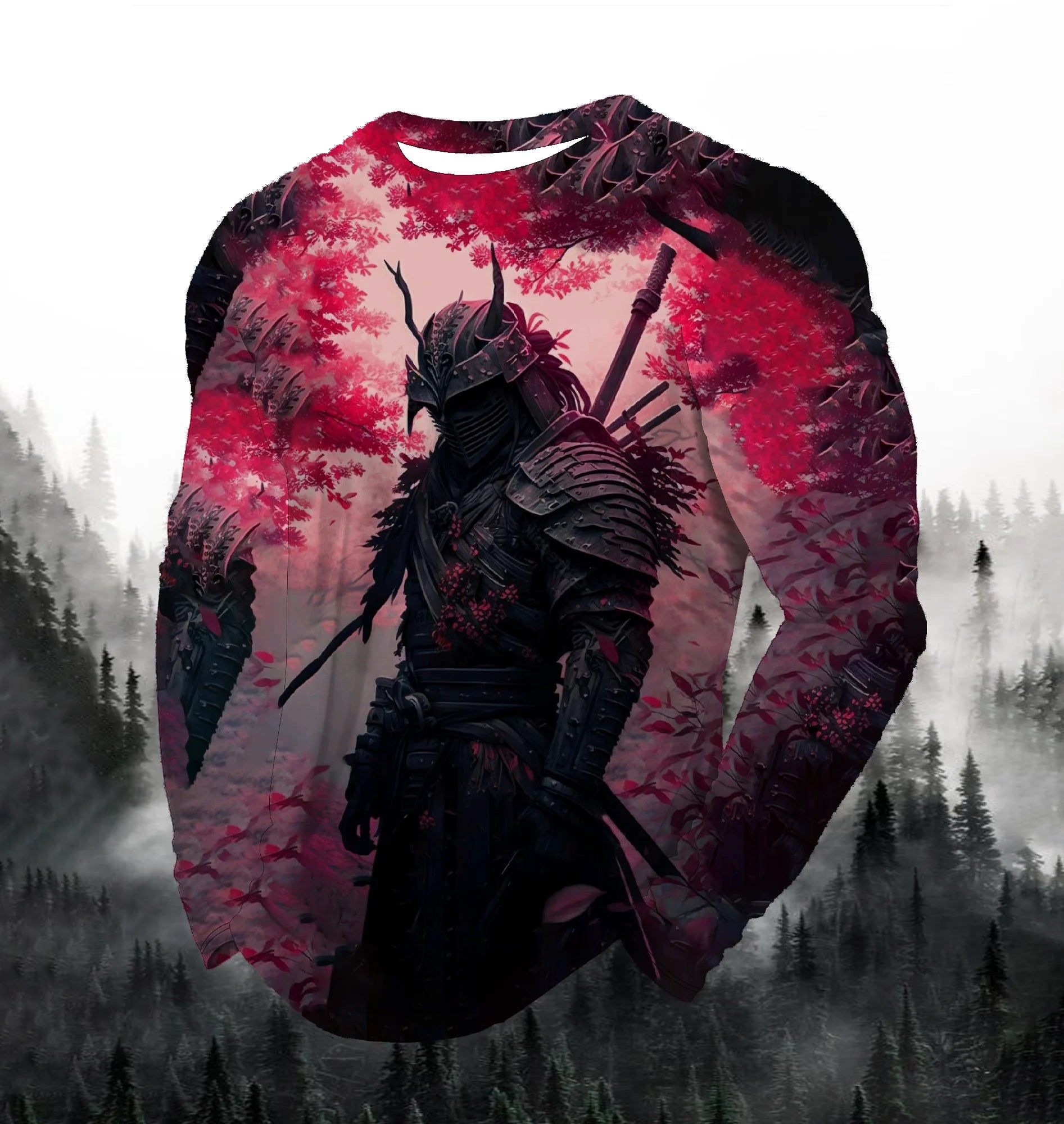 2024 Men's Fashion Printed Round Neck Long Sleeve Autumn Sports Leisure Pullover Men's 3D Japanese Samurai Printed Loose Tops