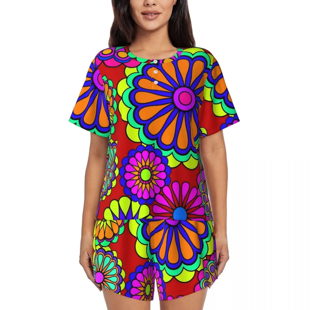 Flower Power Pajamas Spring 2 Pieces Purple Hippie Cute Pajama Sets Lady Short Sleeve O Neck Casual Custom Nightwear