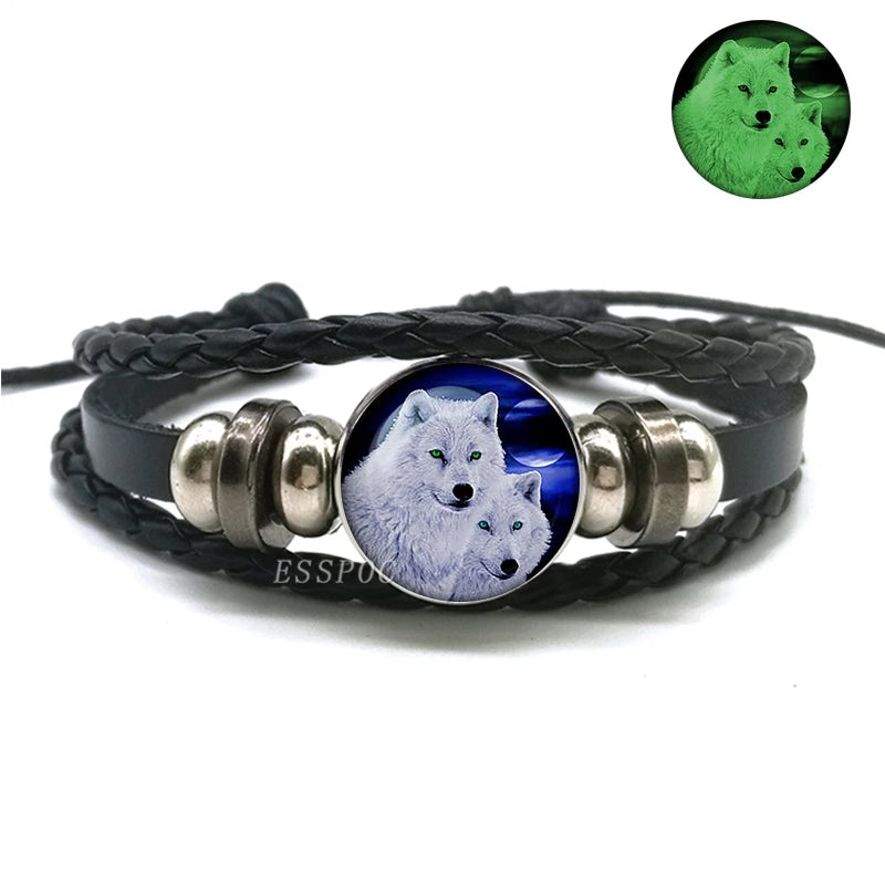 Glow In The Dark Wolf Head Bracelet Multilayer Leather Bracelet Charm Women Men Fashion Luminous Bracelets Wolf Jewelry