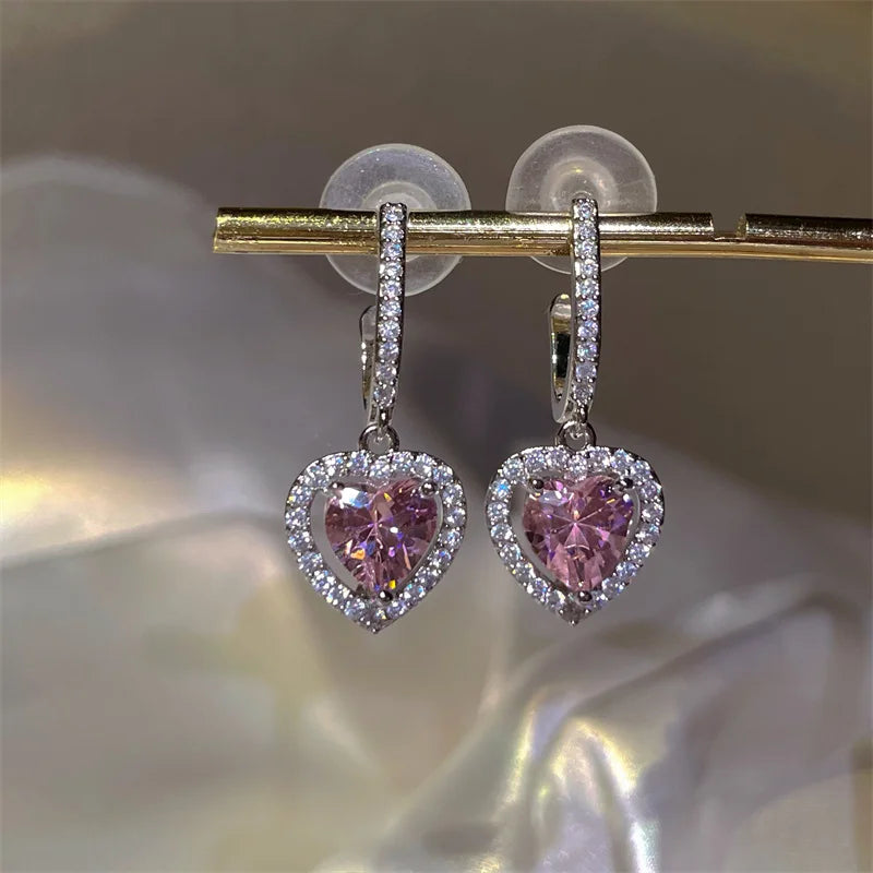 Exquisite Pink Heart Shape Bowknot Stud Earrings For Women Shining CZ Zircon