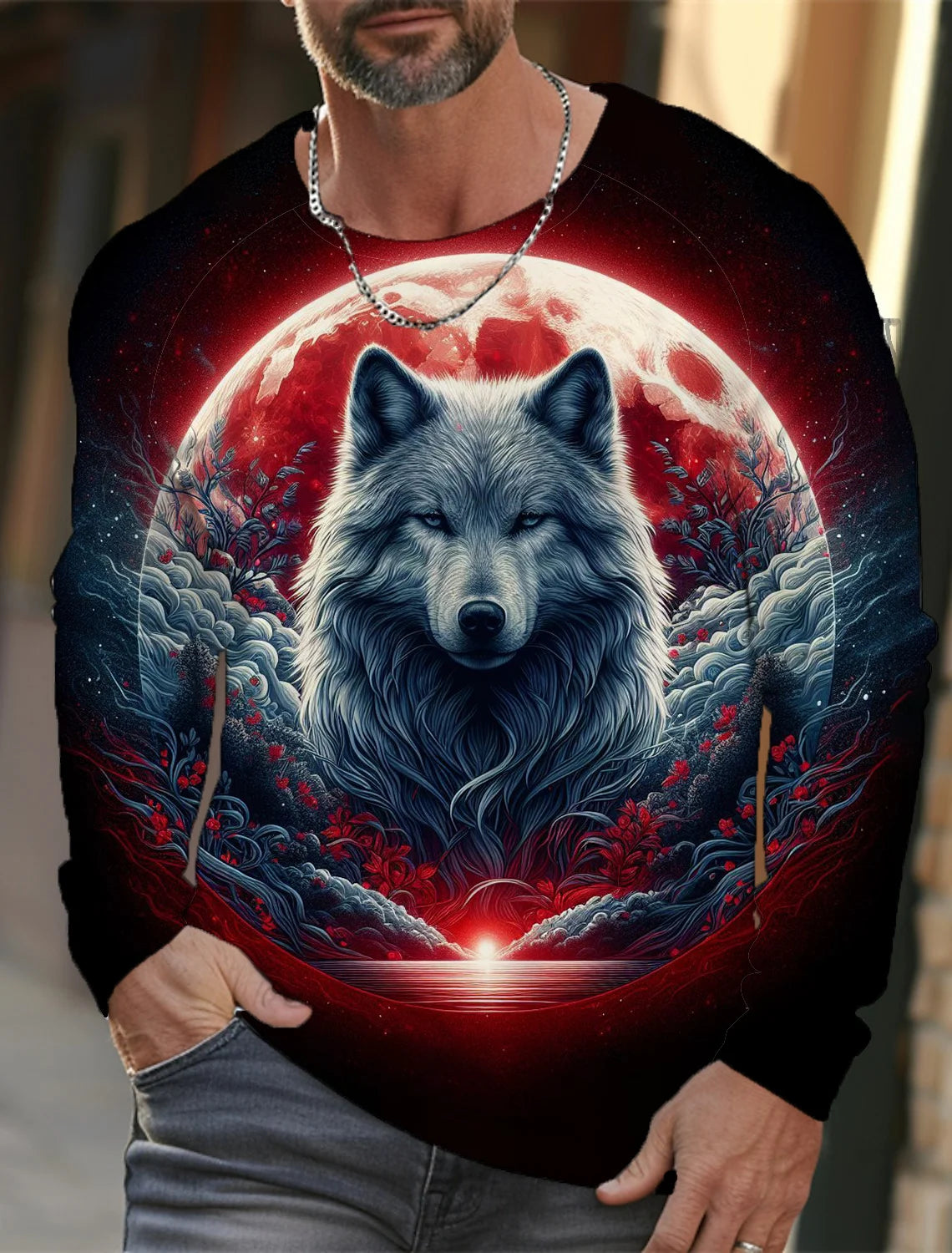 2024 Men's Summer Long Sleeve 3d Printed Wolf Print T-Shirt Tops Men Streetwear Clothing Round Neck Graphic Long Sleeve T-Shirt