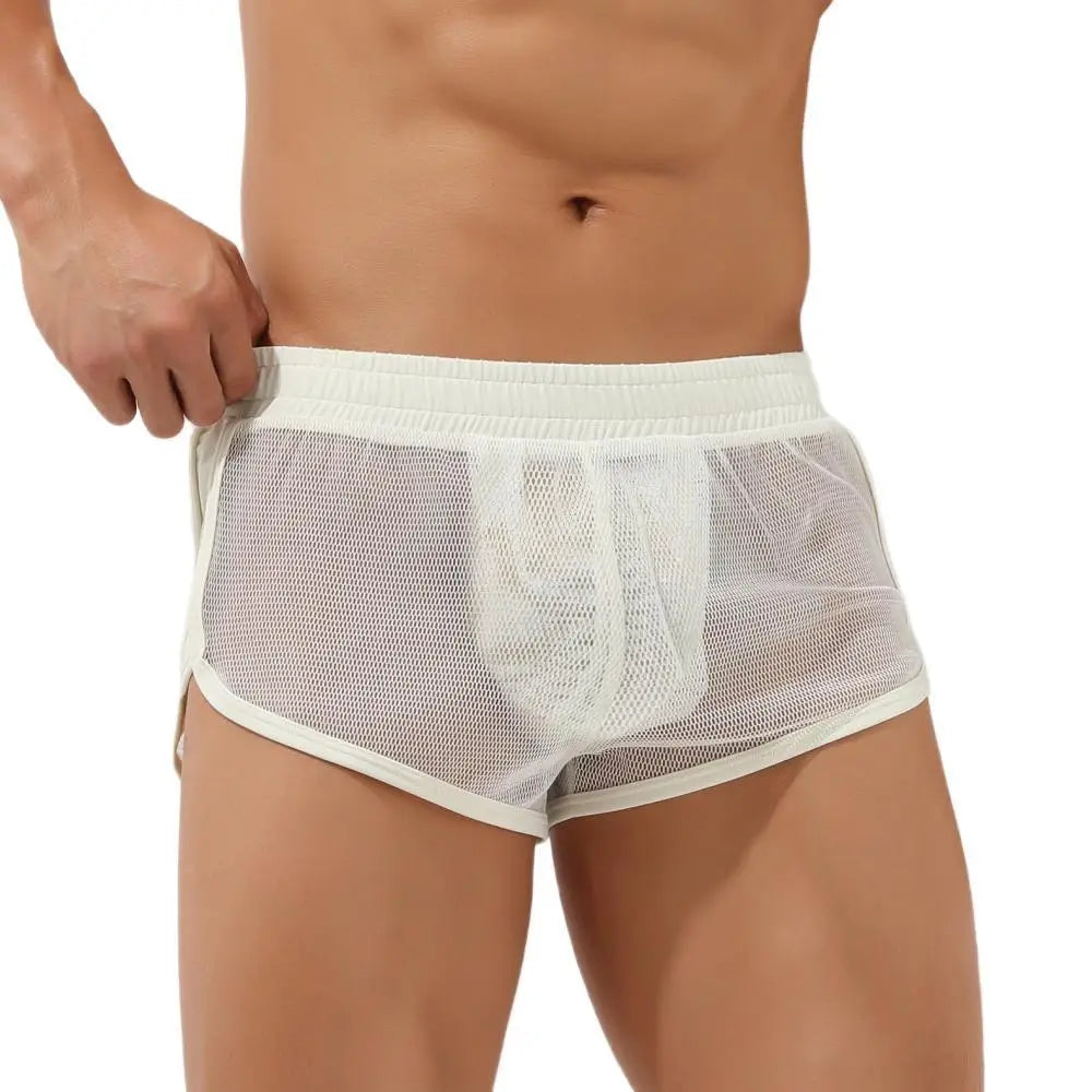 Sexy Underwear Transparent Mesh Men Boxer Shorts Fishing Net Male Panties U-convex Penis Pouch Boxers Home Sleep Bottoms Shorts