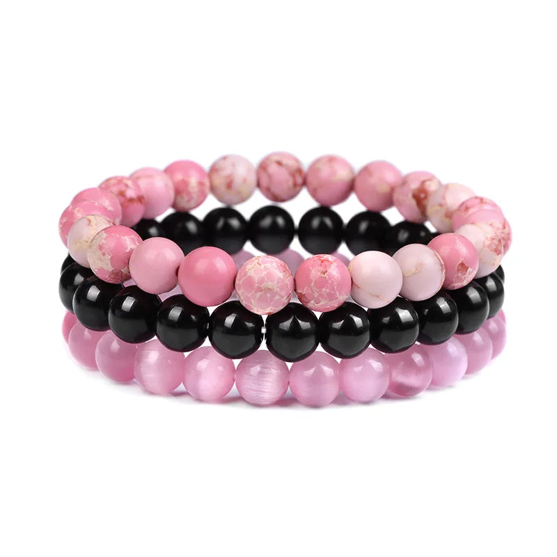 3Pcs/set 8mm Natural Stone Beads Bracelet Set Pink Zebra Rhodonite Moonstone Agates Hematite Bracelets For Women Men Jewelry