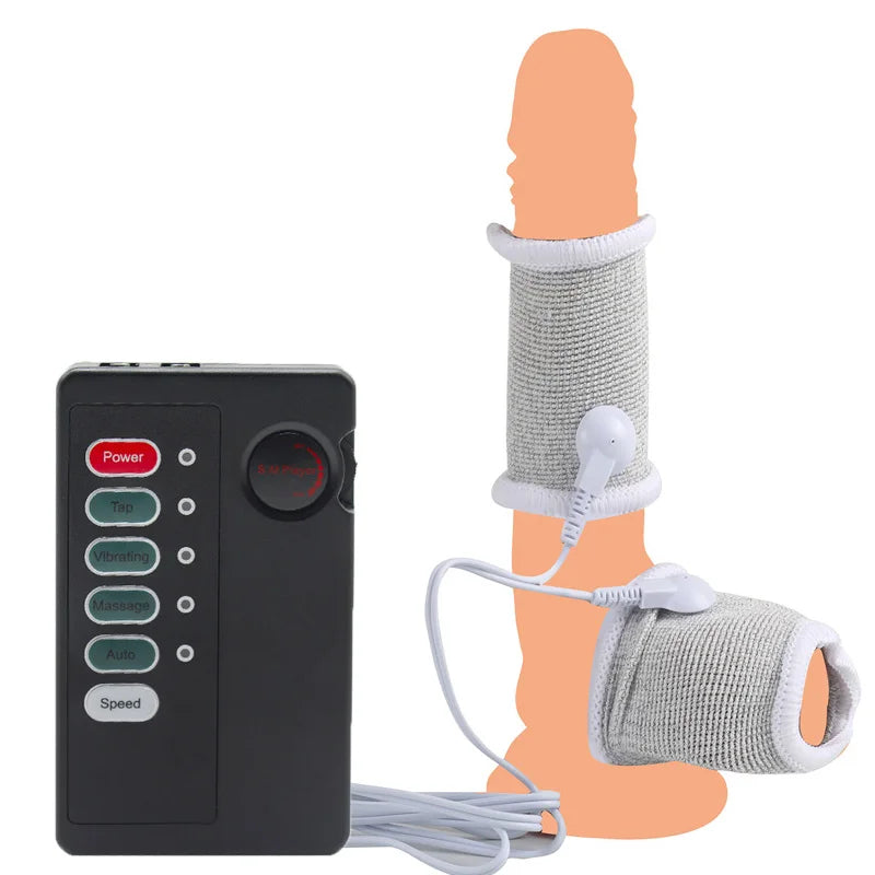 BDSM Electro Shock Conductive Fiber Penis Sleeve E-stim Scrotum Rings Electric Play Cock Therapy Enlargement Male Sex Products