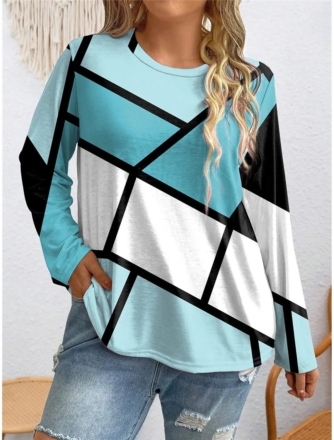 Gradient Stripe Printed Pullover Autumn and Winter Casual Long Sleeve Round Neck Sweatshirt Plaid Pattern Women's Clothing