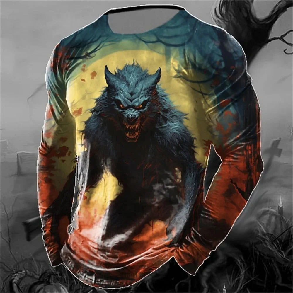 Men's Long Sleeve T-shirt Winter 3D Animal Print T Shirts Street Fashion Wolf Pattern Tops Tees Oversized Men's Clothing