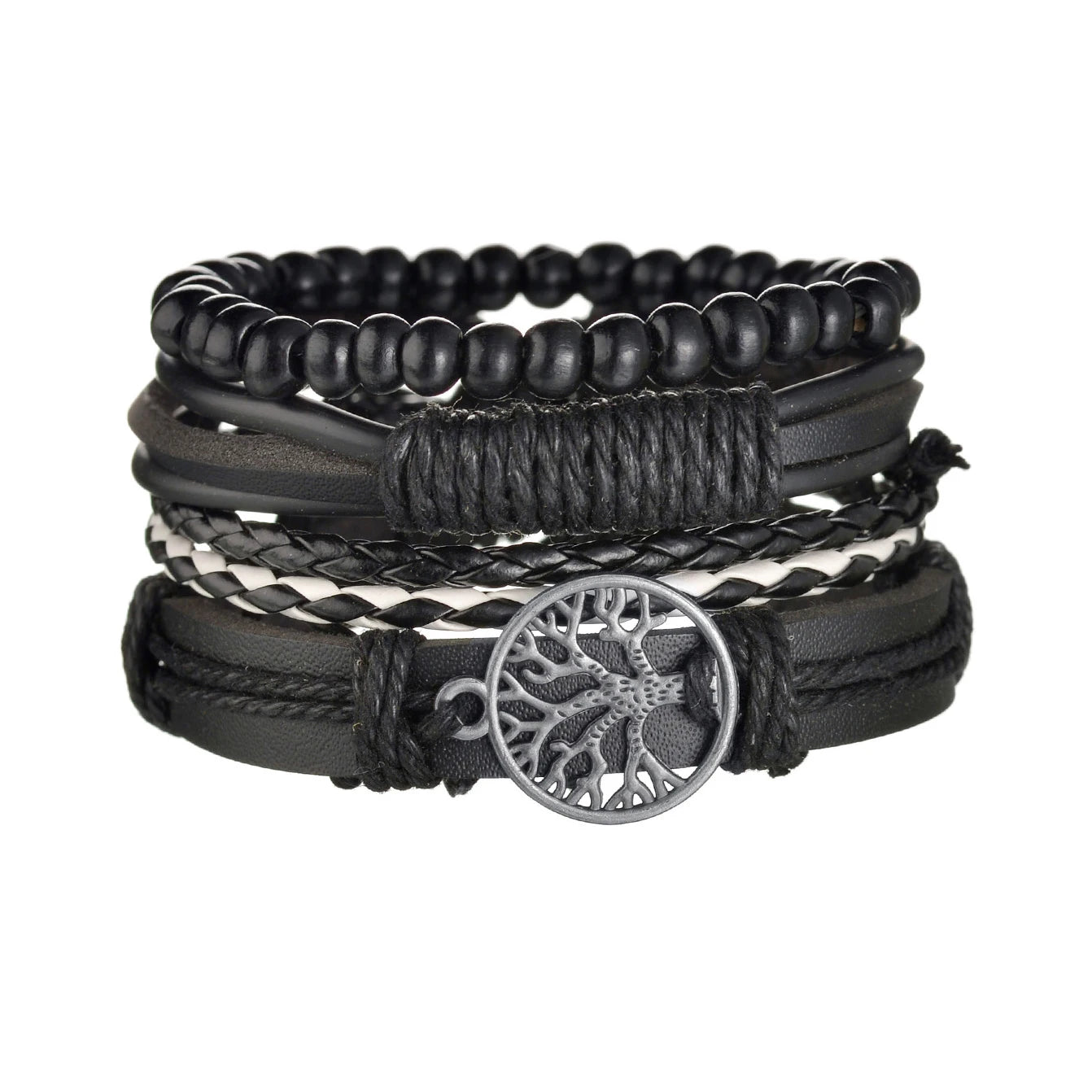 New Trendy Retro 4pcs/Set Bracelets & Bangles Men's Multilayer Black Leather Jewelry Charm Pulseiras Boyfriend Wristband