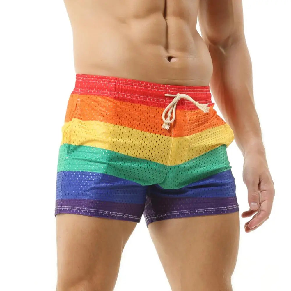 Men's Shorts Rainbow Stripe Fashion Casual Shorts Mesh Breathable Drawstring Sports Shorts Gym Men Boxer Shorts Bottoms Pocket