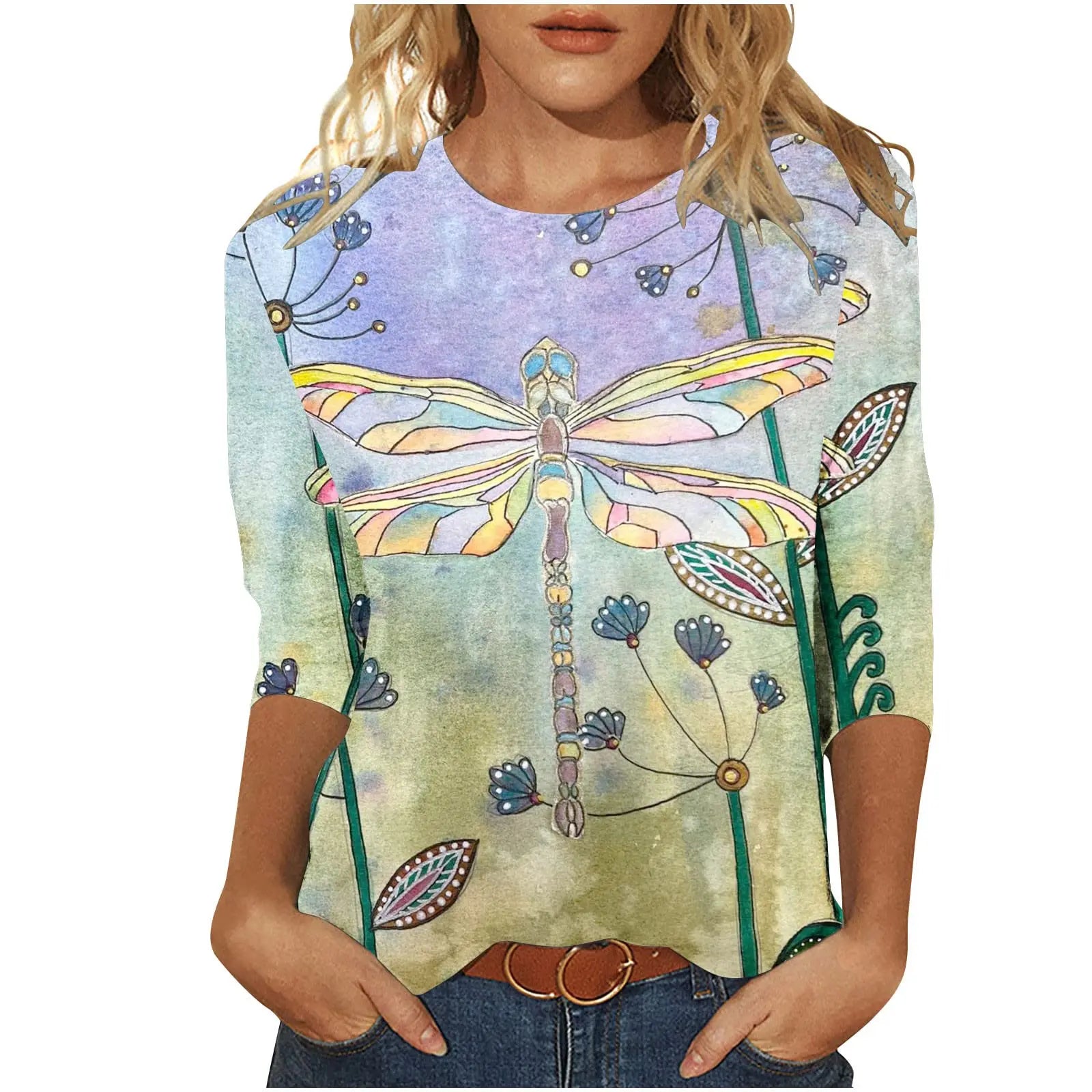 2025 New Women's Flower Fashion Print Long Sleeve T-shirt Sports Leisure Cute Polyester Ultra-thin Round Neck Long Sleeve