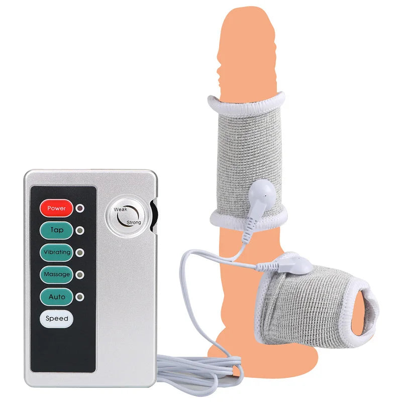 BDSM Electro Shock Conductive Fiber Penis Sleeve E-stim Scrotum Rings Electric Play Cock Therapy Enlargement Male Sex Products