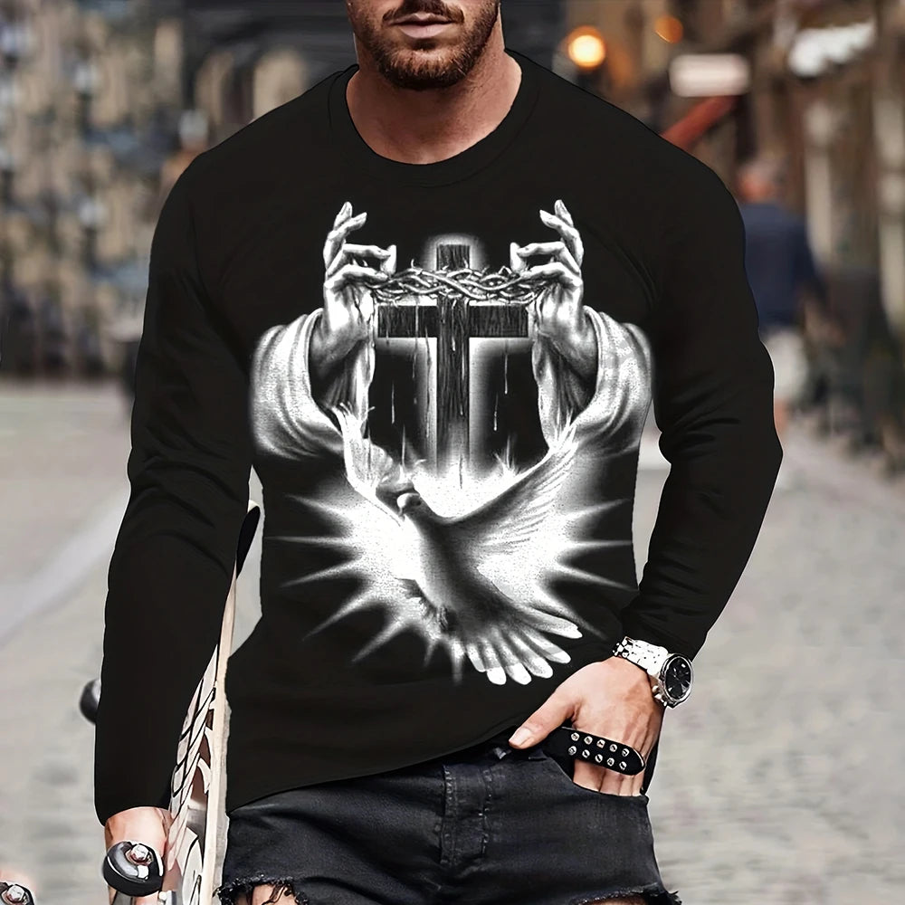 Fashion Jesus Cross Pattern T Shirt For Men 3D Lion Print Long Sleeve T-shirt Hip Hop Trend Vintage Clothes Oversized Cotton Top